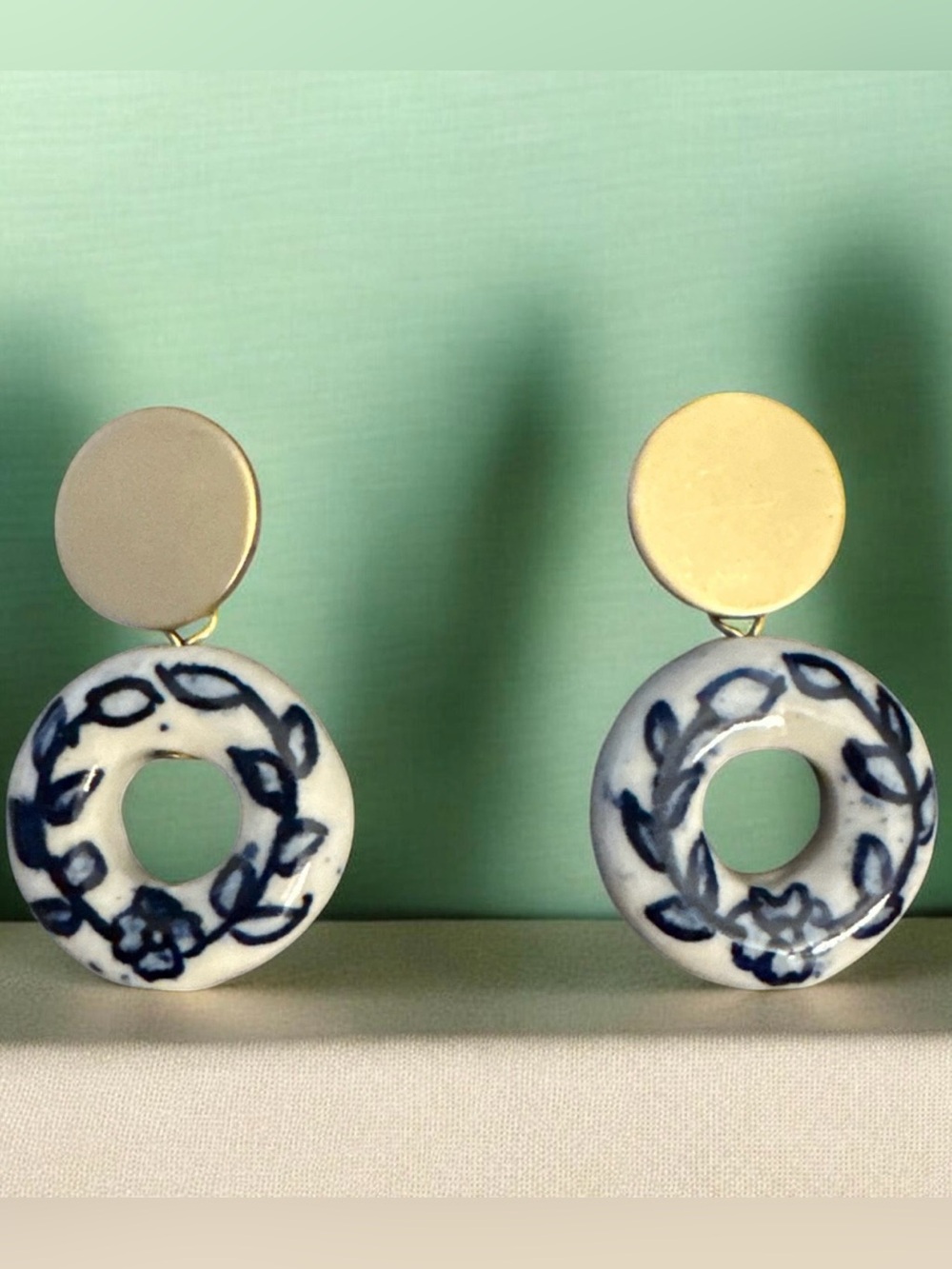 Porcelain Blue & White Floral Hoop Drop Earrings by
